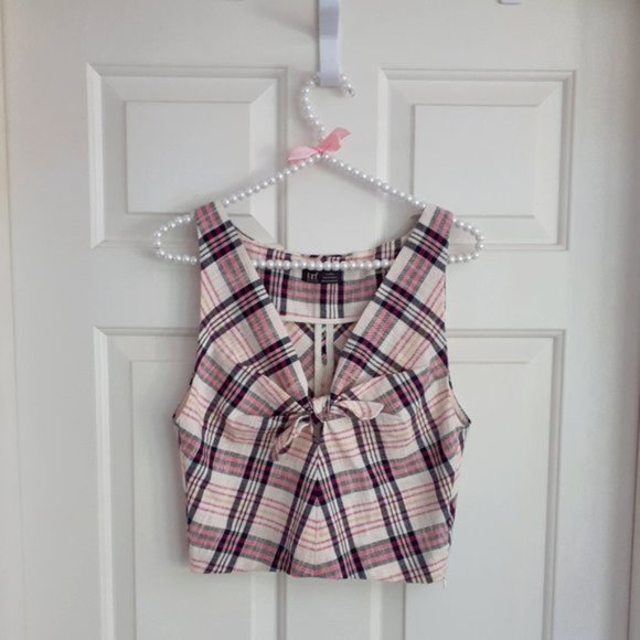 NWOT Zara checkered plaid crop top with knot bow & keyhole detail, S - Picture 12 of 14